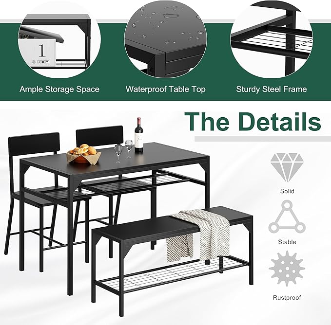 Shintenchi Kitchen Table Chairs Set of 4, Dining Table Set for 4 with Bench and Chairs, 4 Pieces Kitchen Table Set with Storage Rack & Metal Frame for Small Space, Black