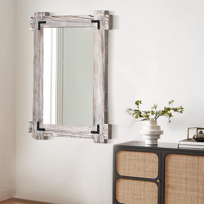 MeMoreCool Farmhouse Rustic Wood Framed Bathroom Mirror, Decorative Wall Mounted Rectangular Mirror for Bedroom, Living Room, or Bathroom, 40x28 Inch, White