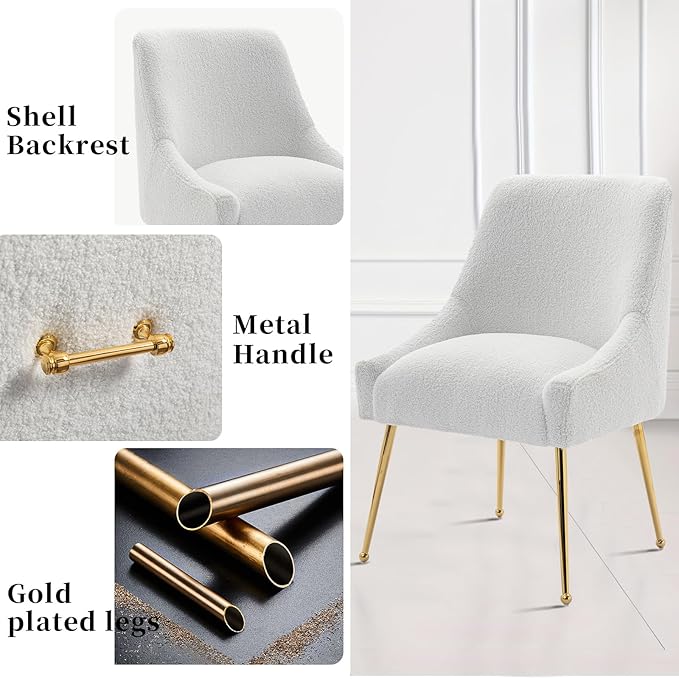 Modern Velvet Dining Chairs Set of 6, Contemporary Upholstered Furniture Collection with Polished Gold Metal Legs, Elegant Accent Chairs for Kitchen Living Room(Teddy Fleece,White)