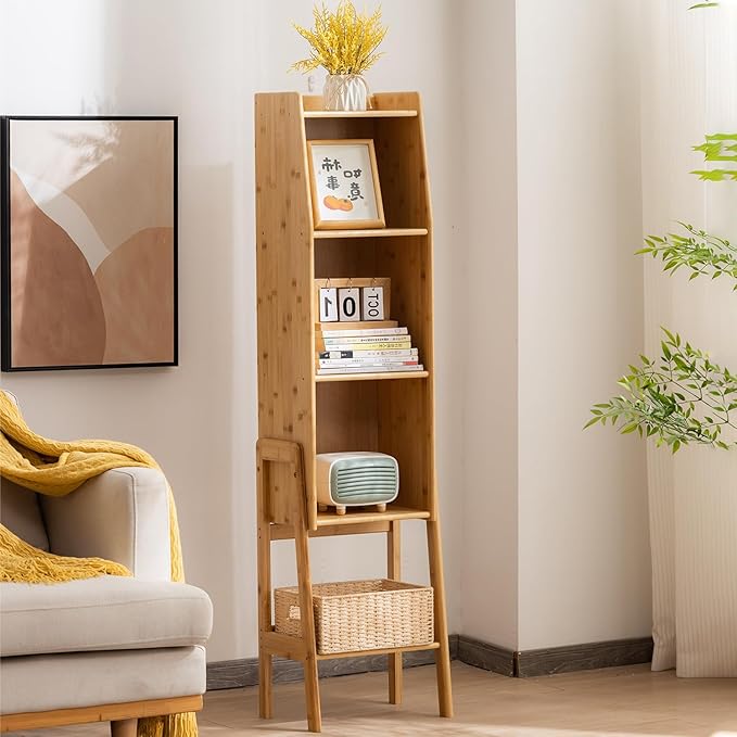 4-Tier Bamboo Bookshelf - Wood Bookcase Organizer with Open Shelves for Living Room & Home Office-Natural Large