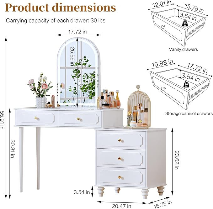 White,Vanity Desk with Mirror and Lights,Makeup Vanity with Power Outlet and Adjustable Cabinet,Modern Makeup Table with 3 Drawers for Bedroom Makeup Room