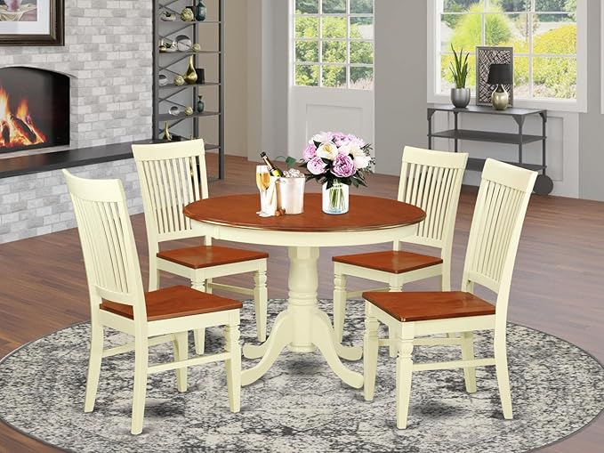 East West Furniture HLWE5-BMK-W 5 Piece Dining Room Table Set Includes a Round Kitchen Table with Pedestal and 4 Dining Chairs, 42x42 Inch, Buttermilk & Cherry