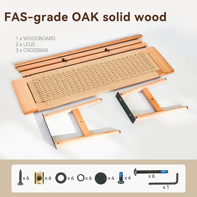 OOKSEN Entryway Bench, Solid Wood Dining Bench, 31.5" Wooden End of Bed Benches, Midcentury Modern Bedroom Benches Stool with Hand-Woven Rope for Kitchen Living Room Hallway