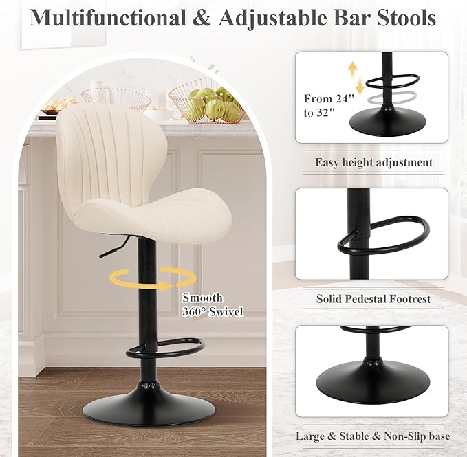 COLAMY Bar Stools Set of 6, Modern Swivel Bar Chairs, Adjustable Faux Leather Upholstered Barstools Counter Height with High Backrest for Bar, Kitchen Island, Dining Room, Beige