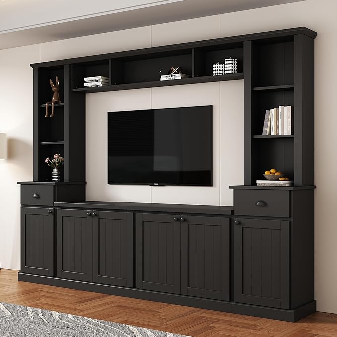 Merax Modern TV Stand Set with Adjustable Bridge for TVs Up to 75", Storage Media Console & Wall Units - Minimalist Entertainment Center for Living Room, Black