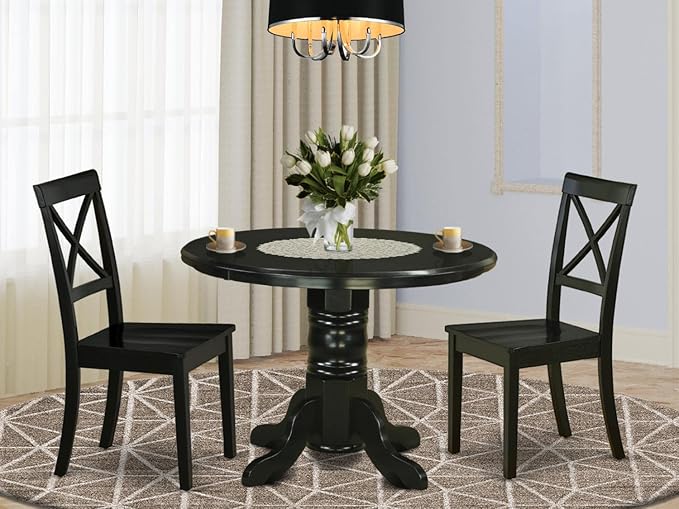 East West Furniture SHBO3-BLK-W 3 Piece Dining Room Furniture Set Contains a Round Kitchen Table with Pedestal and 2 Dining Chairs, 42x42 Inch, Black