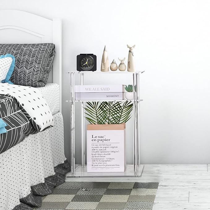 HMYHUM Clear Acrylic End Table, 3-Tier Side Table/Nightstand, 15.7" L x 11.8" W x 23.4" H