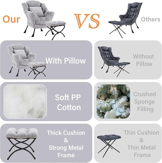 Lazy Chair with Ottoman, Comfy Reading Lounge Chair with Footstool & Throw Pillow Modern with Armrests & Side Pocket for Living Room, Bedroom, Dorm Room, Plush Grey