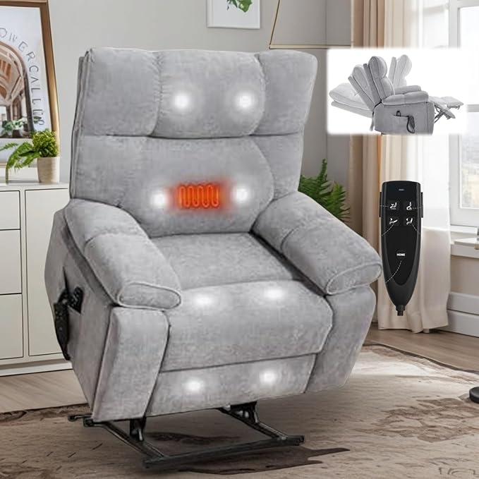 Dual Motor Power Lift Recliner Chair, 8 Positions Vibration Massage Recliner Chair, Chenille Fabric Recliner with Cup Holder, Vibration Massage and Lumbar Heating for Adults and Elderly, Grey