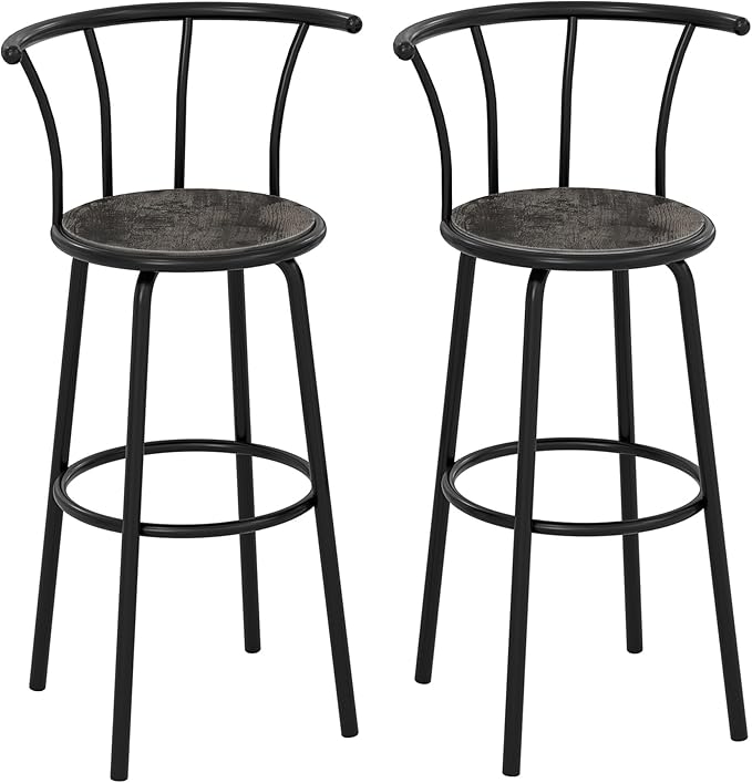 VECELO Bar Stools Set of 2, Swivel Counter Barstools with Backrest, Bar Height Chairs for Dining Room, Kitchen Island, Pub, Easy Assembly, Retro Grey