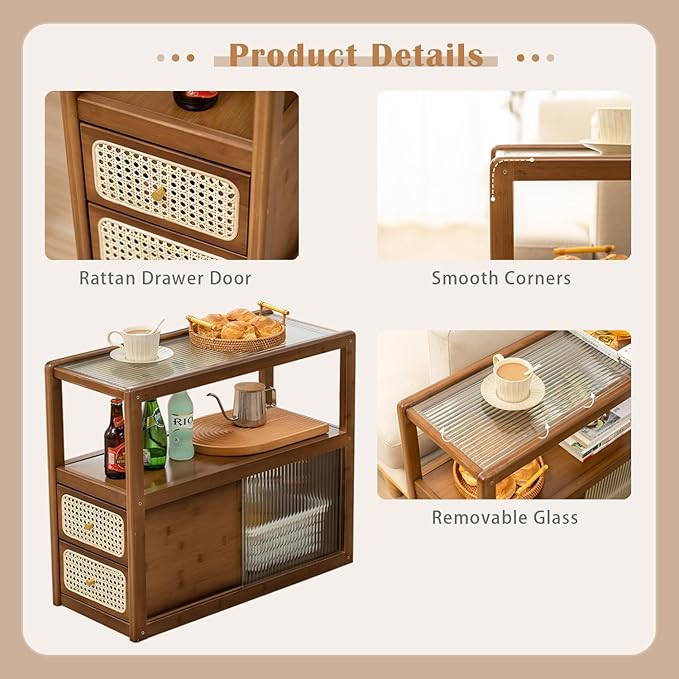 Bamboo Side Table Nightstand with Rattan Drawer & Glass Top – Multi-Function End Table, Nightstands with Storage for Bedroom, Living Room, and Small Spaces, Walnut
