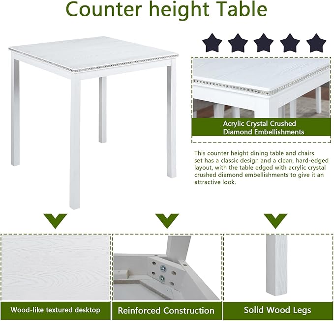 KEIKI 5-Piece Counter Height Dining Table Set with Square Table and 4 Upholstered Chair, for 4 Person, Modern Style Crystal Decoration Wooden Table Set, Easy Assembly, for Kitchen, Dining Room,White
