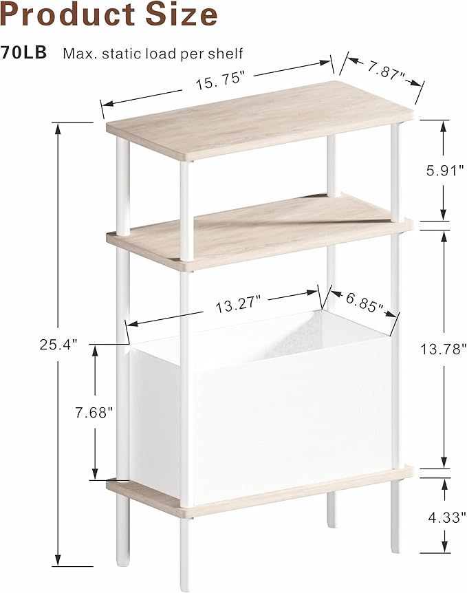 Narrow Side Table with Fabric Basket, End Table for Small Spaces, Slim Nightstand with 3-Tier Storage Shelf, Sofa Beside Table, for Living Room, Bed Room, Natrual Oak