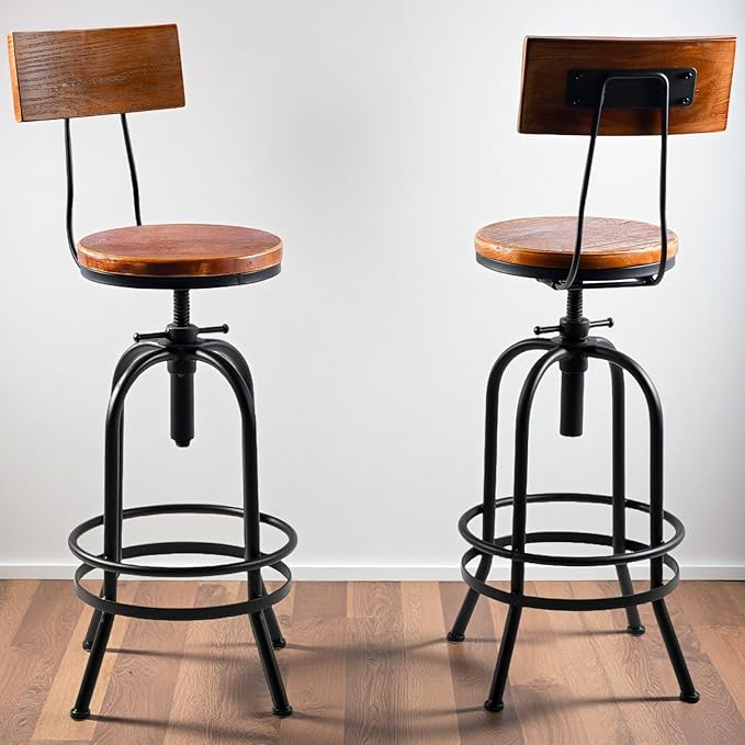 LOKKHAN Industrial Bar Stool-26-32 Inch Adjustable Swivel Round Wood Metal Kitchen Stool Rustic Farmhouse Counter Height Extra Tall Bar Height Stool-Arc-Shaped Backrest,Welded,Set of 2