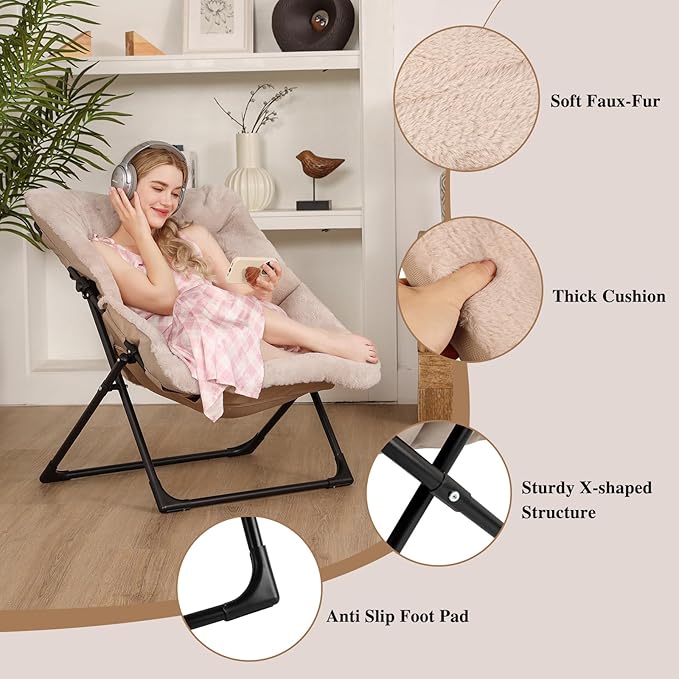 Comfy Saucer Chair for Adults, Soft Faux Fur Bedroom Chair, Accent Dorm Chairs, Flexible Living Room Reading Chairs, Oversized Folding Lounge Seat for Teens, X-Large, Light Khaki