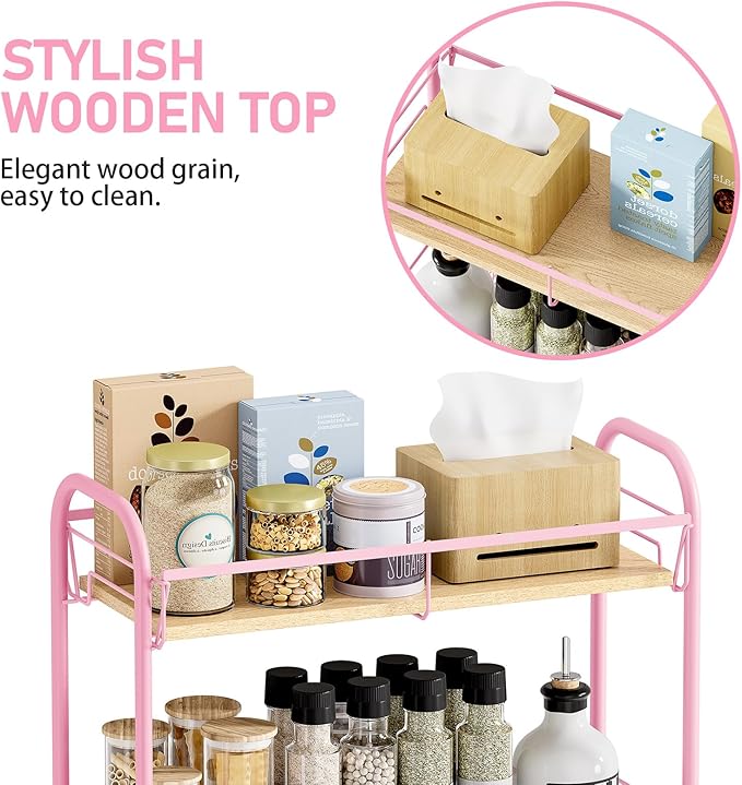KINGRACK Metal Slim Rolling Cart,4-Tier Metal Utility Cart,Storage Cart with Wooden Tabletop, for Narrow Space on Laundry Bathroom Kitchen Room Bedroom Apartments Dormitory (Pure Pink, Slim)