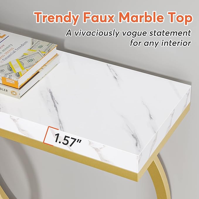 LITTLE TREE 55 inch Faux Marble Gold Console Table Modern Entryway Table Narrow Long Sofa Table Accent Table for Living Room, White and Gold