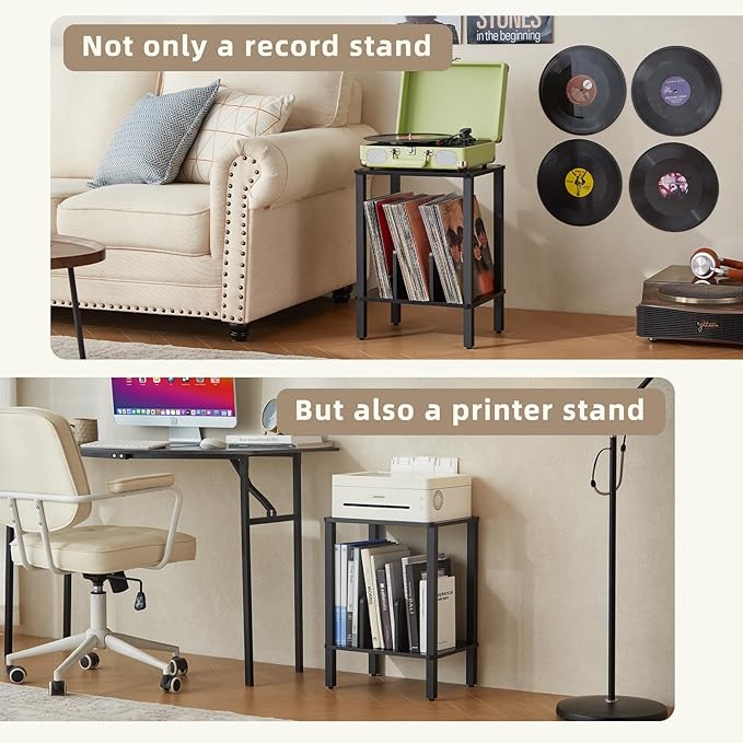LELELINKY 2-Tier Bamboo Record Player Stand Set of 2 with Vinyl Record Storage up to 100 Albums, Boho Bedroom Record Holder and Multi-Functional End Table for Living Room, Black