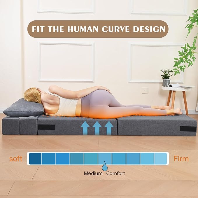 Folding Sofa Bed, Convertible Futon Sofa Bed with Pillow, Foldable Sleeper Chair with Washable Cover, Fold Out Couch for Guest Room, Living Room, Dorm, Single Size, Light Grey