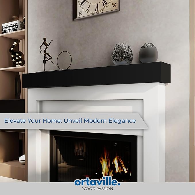 60" Floating Mantel Shelf - Modern White Fireplace Mantel with Matte Lacquer Finish for Living Room Elegance (60", Black)