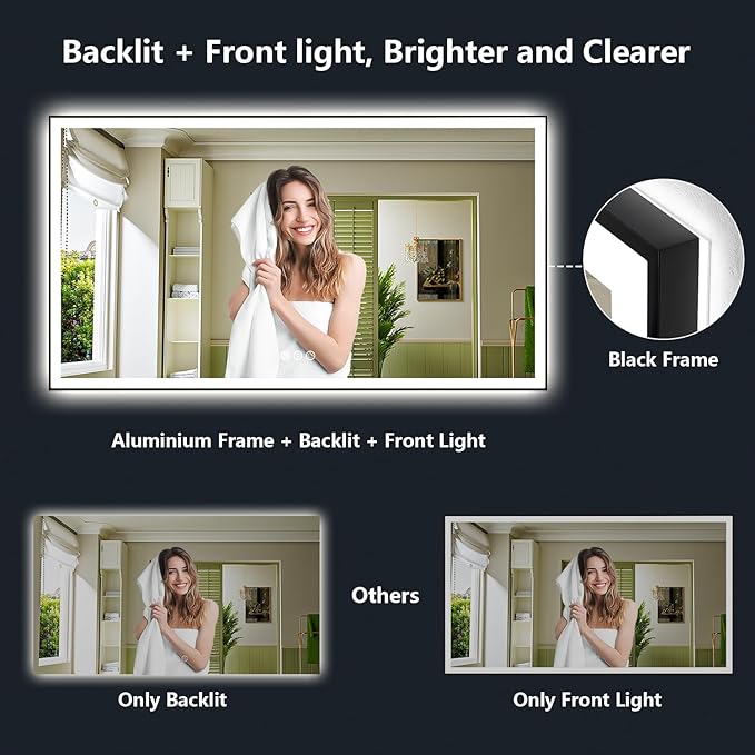 60x38 Inch LED Bathroom Mirror with Lights (Front Lit and Backlit) Black Framed Lighted Vanity Mirror for Bathroom Wall Dimmable Anti-Fog Memory Tempered Glass Horizontal/Vertical