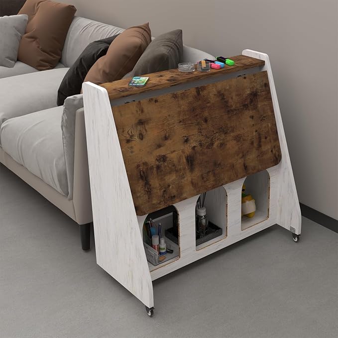 Pmnianhua Home Office Desk with Wheels,Multipurpose Mobile Workstation,Rolling Computer Writing Desk with 4 Lockable Wheels and Storage(Rustic Brown)