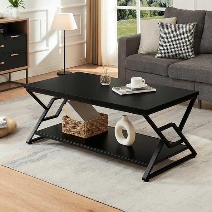 HOMISSUE Coffee Table, Rustic Rectangle Coffee Table with 2-Tier Storage, Engineered Wood Center Table with Open Shelves, Minimalist Coffee Table for Living Room, 39 Inch, Black