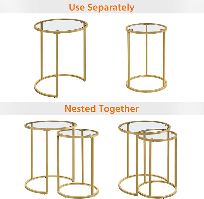 Yaheetech Round Nesting Side Table Stacking Coffee Table, Set of 2 Circular End Tables w/Metal Frame & Tempered Glass Top & Protective Foot Pads for Small Space Living Room Office, Mustard Gold