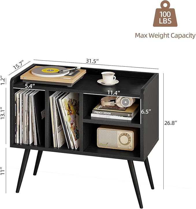 Record Player Stand with Vinyl Storage,Turntable Stand with Solid Wood Legs,Record Player Table Holds Up to 200 Albums,Vinyl Holder Storage Shelf for Bedroom Living Room,Black