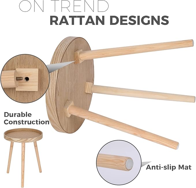 Small Side Table, Rattan Nightstand, Round End Boho Bedside Accent Mid-Century Modern Bed Tables for Living Room Bedroom Office Balcony(Natural Walnut)