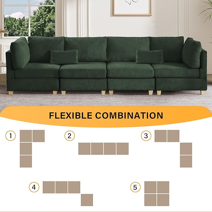 126" Convertible L-Shaped Modular Sectional Sofa, 4 Seater Corduroy Upholstered Corner Sofa Couch with Extra Wide Deep Seat, DIY Combination Lounger Sofa with Solid Wood Legs for Living Room Office