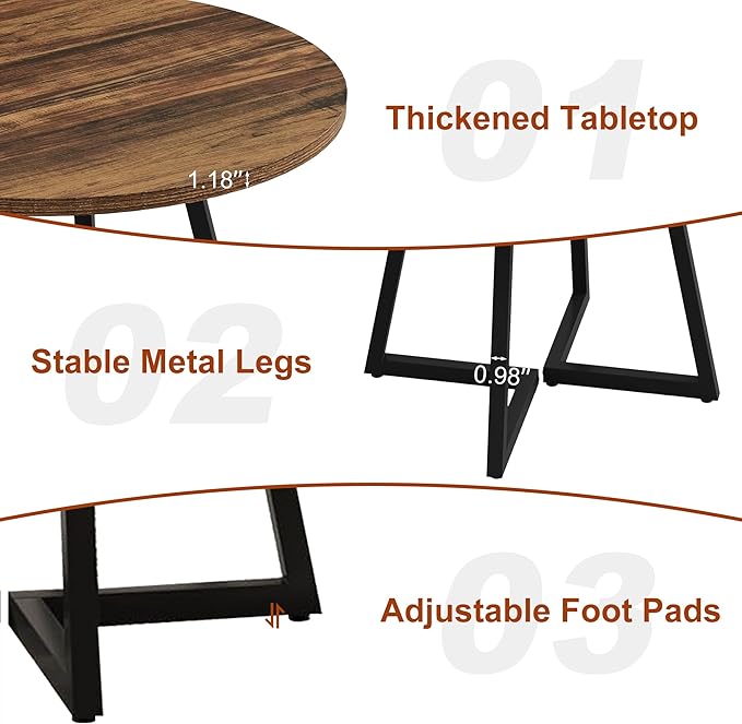 Round Dining Table for 4, 31.5-Inch Farmhouse Dinner Table Wooden Circle Kitchen Tables with Metal Base for Dining Room, Kitchen, Living Room, Brown