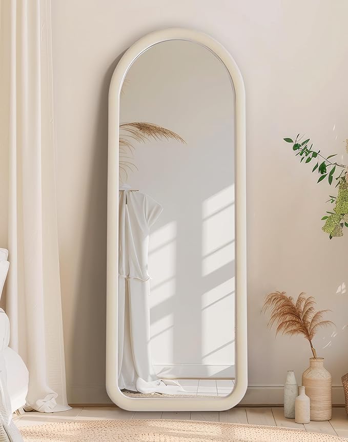 Delma Arched Full Length Mirror, Free Standing Floor Velvet Frame Mirror for Leaning or Hanging, Soft Touch Bedroom & Living Room Decor, Cream White
