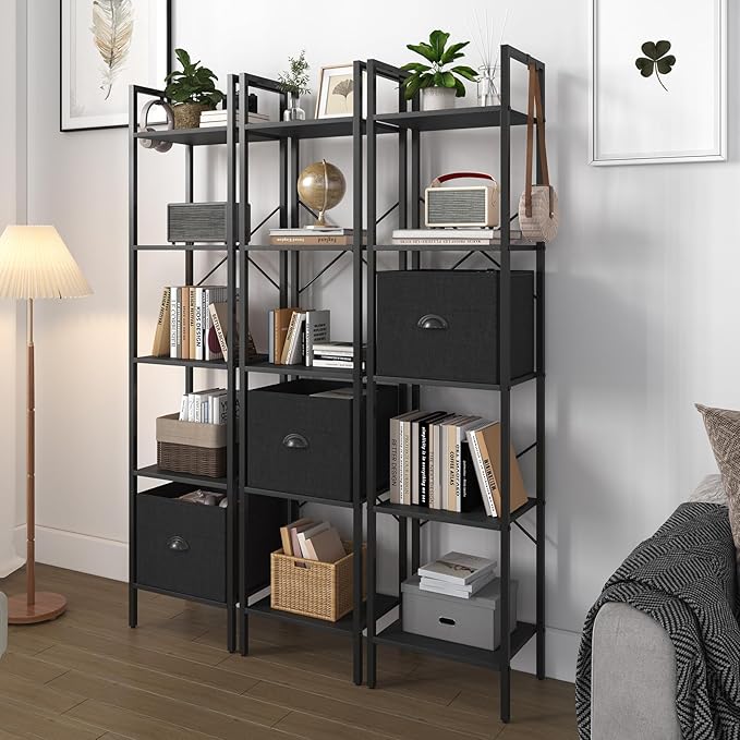 Generic 5 Tier Bookshelves,Tall Narrow Bookcases with Shelves, Bookcase Storage Organizer,Industrial Bookshelf with Drawer,Display Shelves Bookcases for Living Room, Bedroom,Kitchen and Office,Black