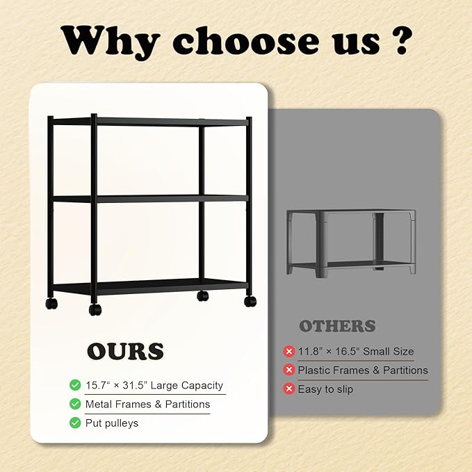 ZZL 3 Tier Small Bookshelf 31.49" Width,Metal Bookcase w/Wheels,Industrial Book Shelves for Home Office,Bedroom,School,Living Room(Black)