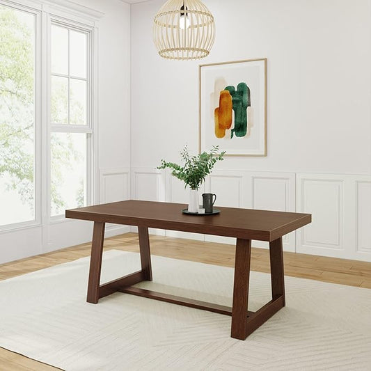 Plank+Beam 72 Inch Farmhouse Dining Table, Solid Wood Rustic Kitchen Table, Large Wooden Rectangular Dinner Table for Dining Room, Home Office, Living Room Furniture, Easy Assembly, Walnut Wirebrush