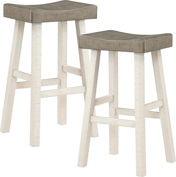 Lexicon Saddle Bar Stools Set of 2 Barstools with Footrest, Armless Dining Chairs for Kitchen Island, Breakfast Nook, Living Room, Pub Height, White/Coffee