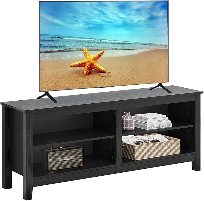 TV Stand for 65 inch TV with Storage,Modern TV Entertainment Center for Bedroom,TV Media Console Table with 4 Open Storage Shelve,55 inch Wood TV Cabinet Black