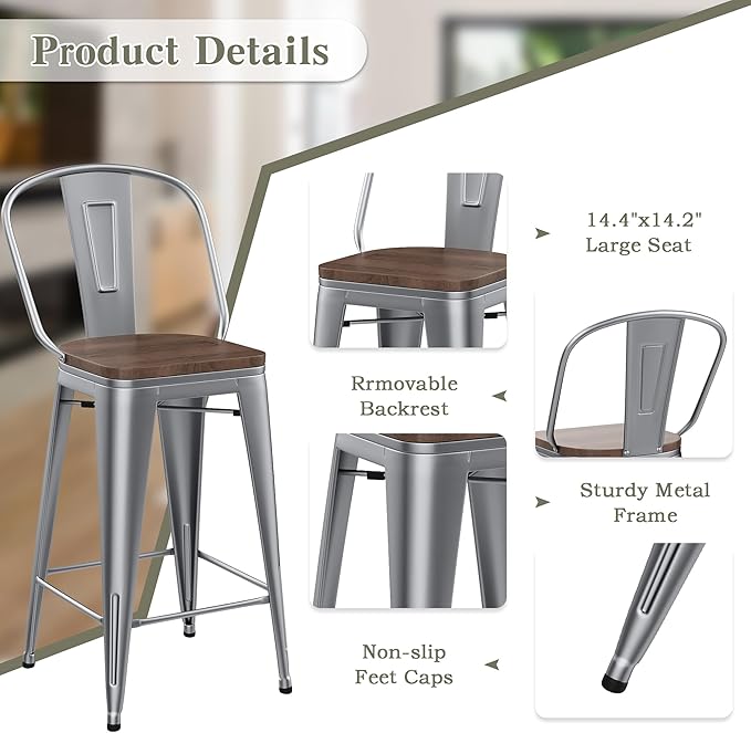 Yongqiang 24 inch Bar Stools Set of 4 High Back Kitchen Counter Height Bar Chairs Silver Metal Barstools with Large Wooden Seat