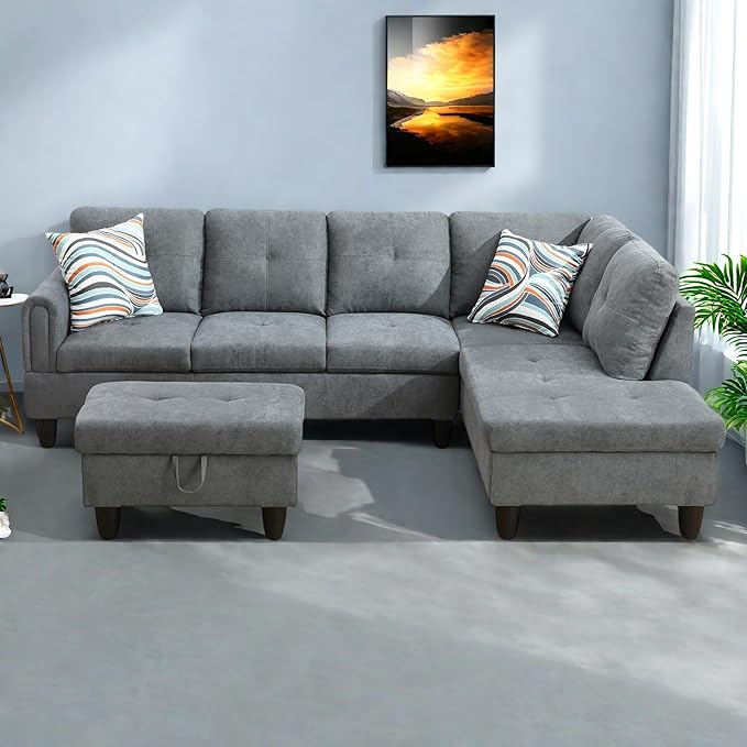 L-Shaped Sectional Sofa with Ottoman, Right-Facing Modern Microfiber Couch for Living Room, Bedroom, Office, Gray-Blue