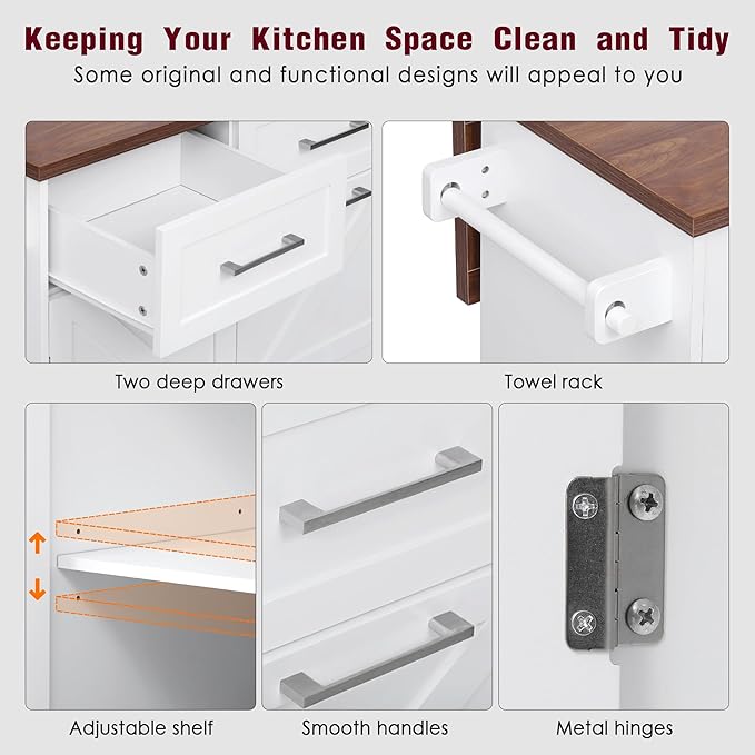 Ball & Cast Farmhouse Kitchen Island with Drop Leaf,Rolling Kitchen Cart on 5 Wheels W/Removable Side Racks and 2 Drawers,Kitchen Storage Cart W/Towel Rack,for Kitchen,Dining Room,White,47.2"