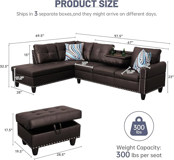 L Shaped Modular Sectional Sofa with Reversible Chaise Lounge, 5-Seater Corner Couch, PU Leather Convertible Sofá w/Movable Ottoman, Cup Holders, 2 Pillows and Rivet Ornament for Living Room