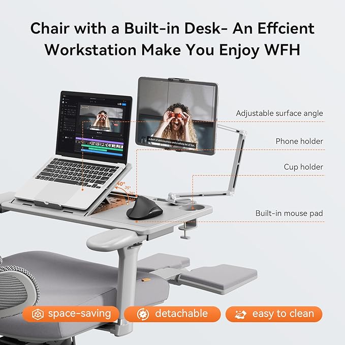 Newtral Office Chair Ergonomic - Home Office Desk Chair, Big and Tall Office Chair, Auto-Following Lumbar Support, 4D Armrest, Adjustable Seat Depth and Heigt (with Footrest + Laptop Tray, Gray)