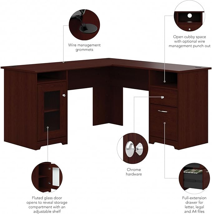 Bush Furniture Cabot L Shaped Computer Desk in Harvest Cherry | Corner Table with Drawers for Home Office