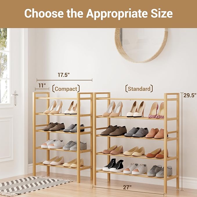 Haddockway Bamboo Shoe Rack for Closet, Free Standing Shoe Organizer with Smooth Round Rods & Convenient Handles, Stackable Shoe Storage Shelf for Entryway, Hallway(Natural, 5-Tier)