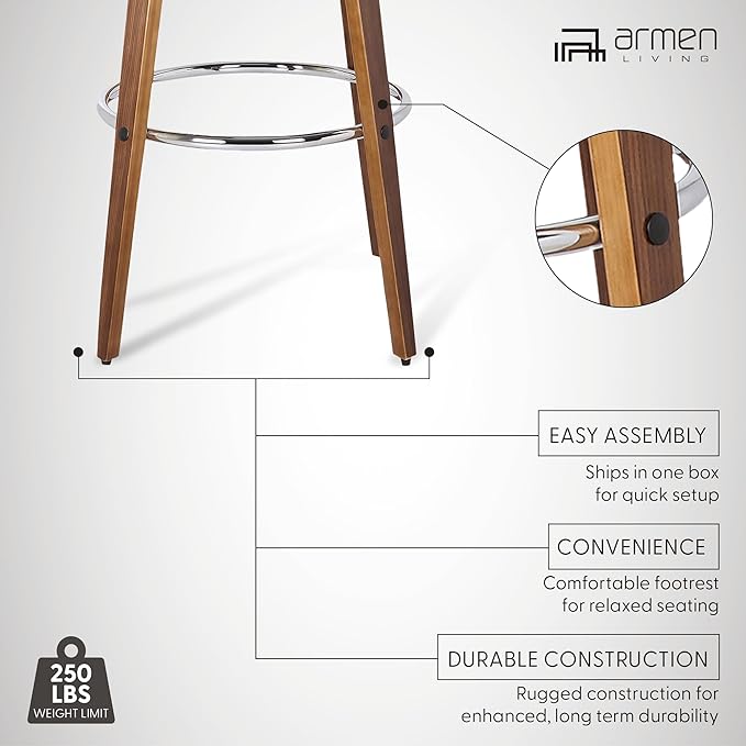 Armen Living Sonia 26" Counter Height Swivel Gray Faux Leather and Walnut Wood Bar Stool