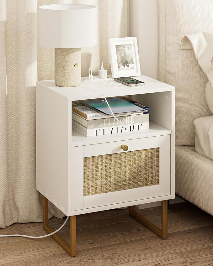 Masupu Extra Large Rattan Nightstand with Charging Station,Boho Night Stand Modern Farmhouse Wood Bedside Table with Storage Drawer and Open Shelf,Side End Table for Bedroom,Living Room,Office White