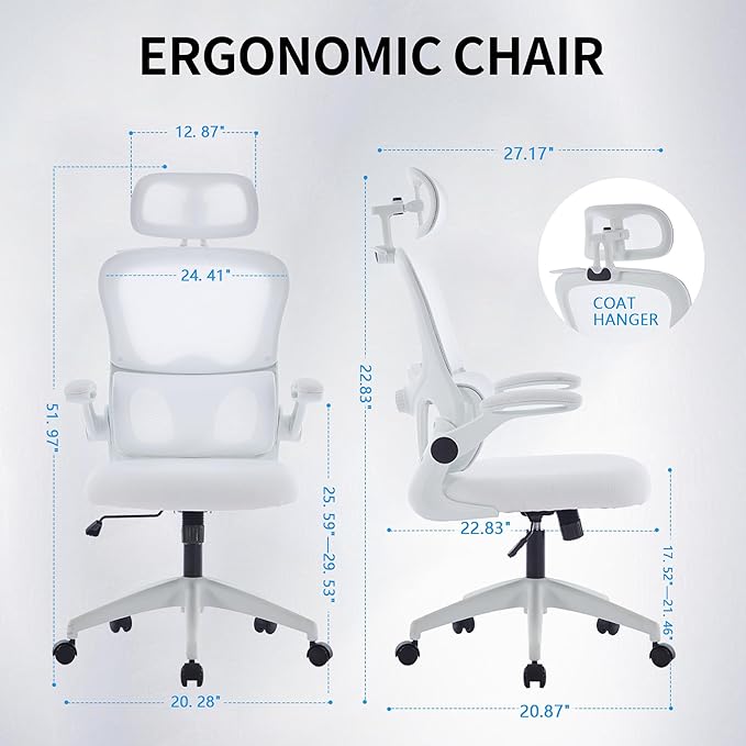 Ergonomic Mesh Office Chair, 400 lbs Capacity, High Back Desk Chair with Adjustable Lumbar Support, 3D Headrest, Flip-Up Armrests, and PU Wheels for Long Workdays and Home Office (White)