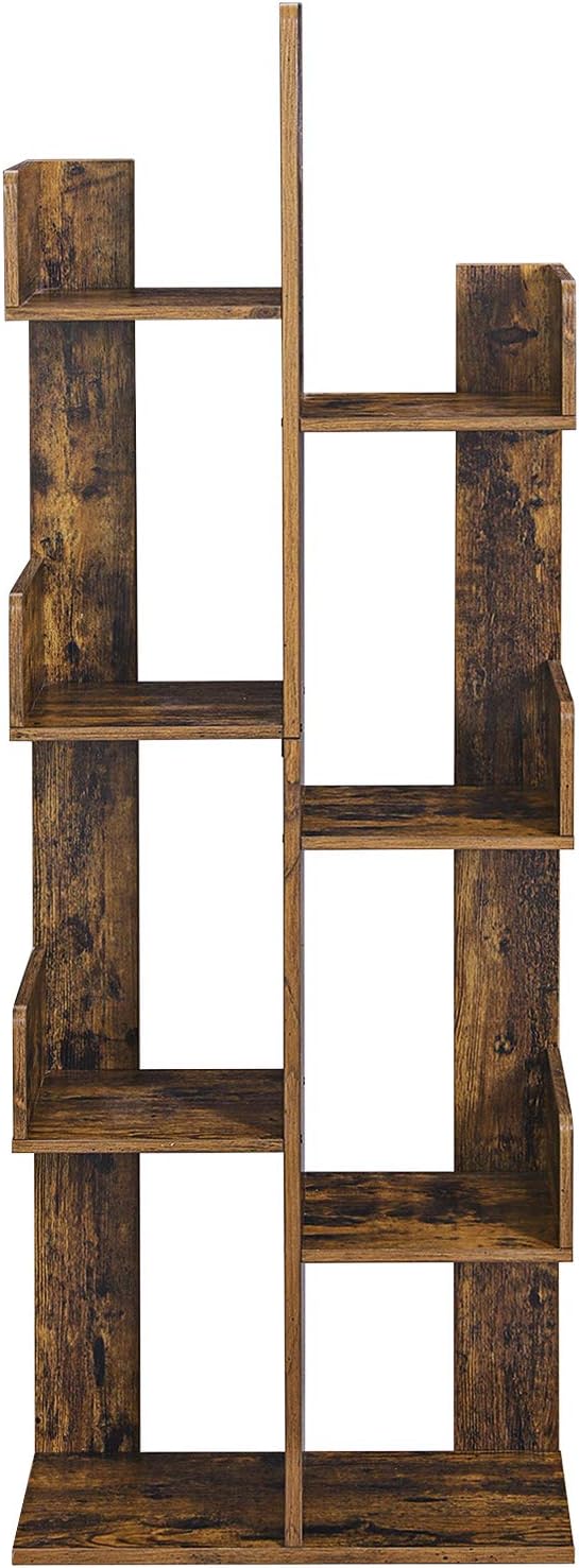 VASAGLE Bookcase, Tree-Shaped Bookshelf with 8 Storage Shelves, Rounded Corners, 19.7 x 9.8 x 55.1 Inches, Rustic Brown ULBC66BXV1