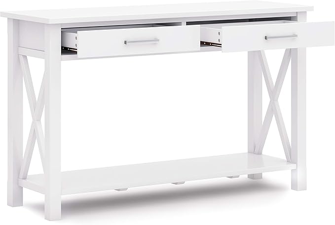 SIMPLIHOME Kitchener Console Table - 47 Inch Wide Solid Wood Sofa Table in White, Contemporary Storage Table for Entryway or Living Room with 2 Drawers, Bottom Shelf, and X-Design Side Panels